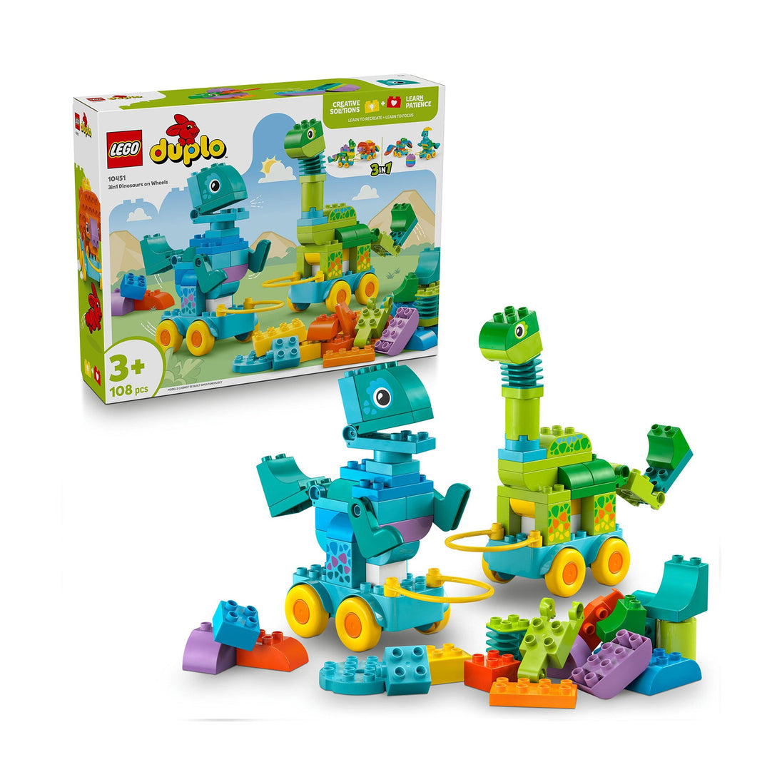 LEGO DUPLO 3 in 1 Dinosaurs on Wheels building set with colorful dinosaur figures on wheels for toddlers aged 3 and up.