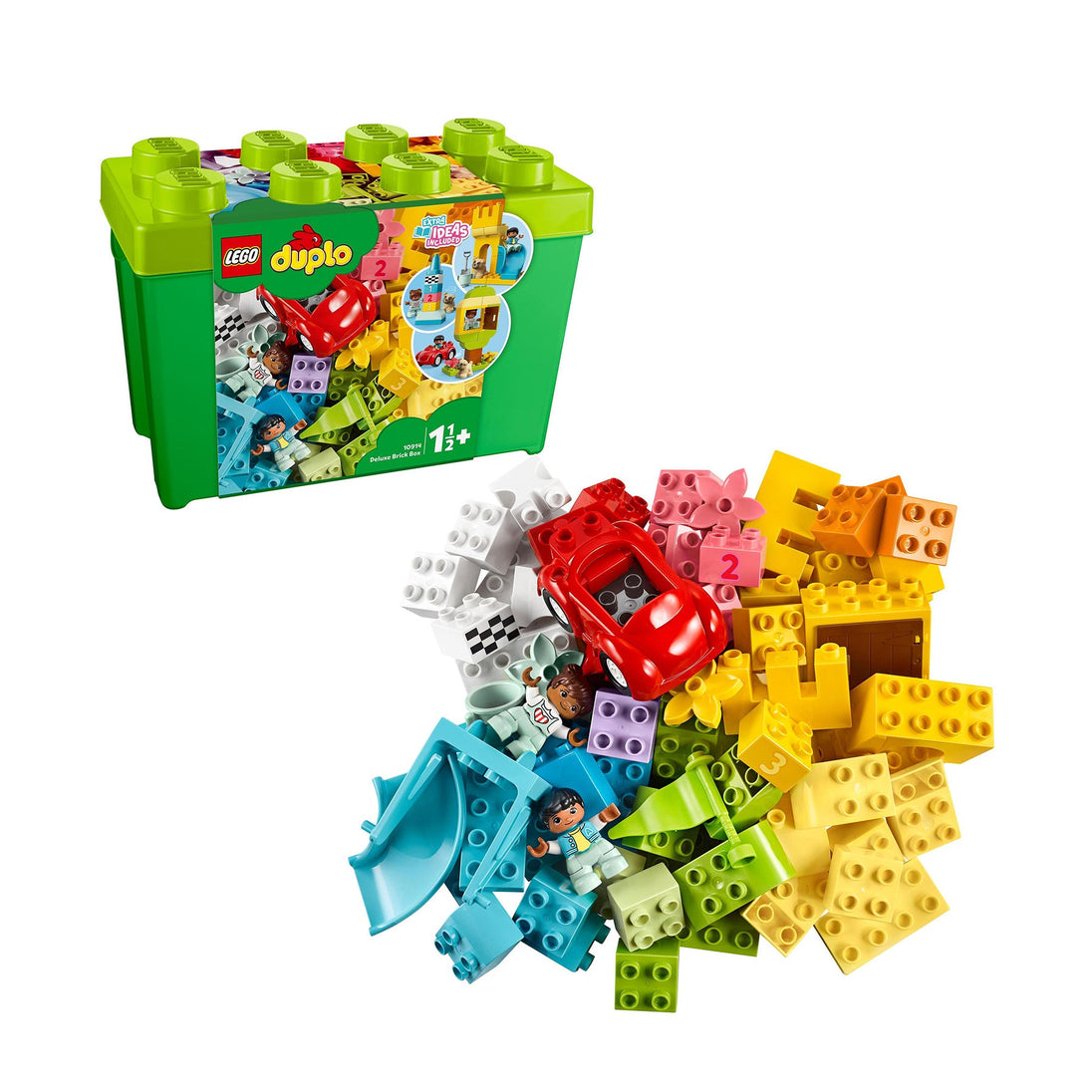 LEGO Duplo Classic Deluxe Brick Box with colorful toddler-friendly bricks, car, and figures in a green storage box