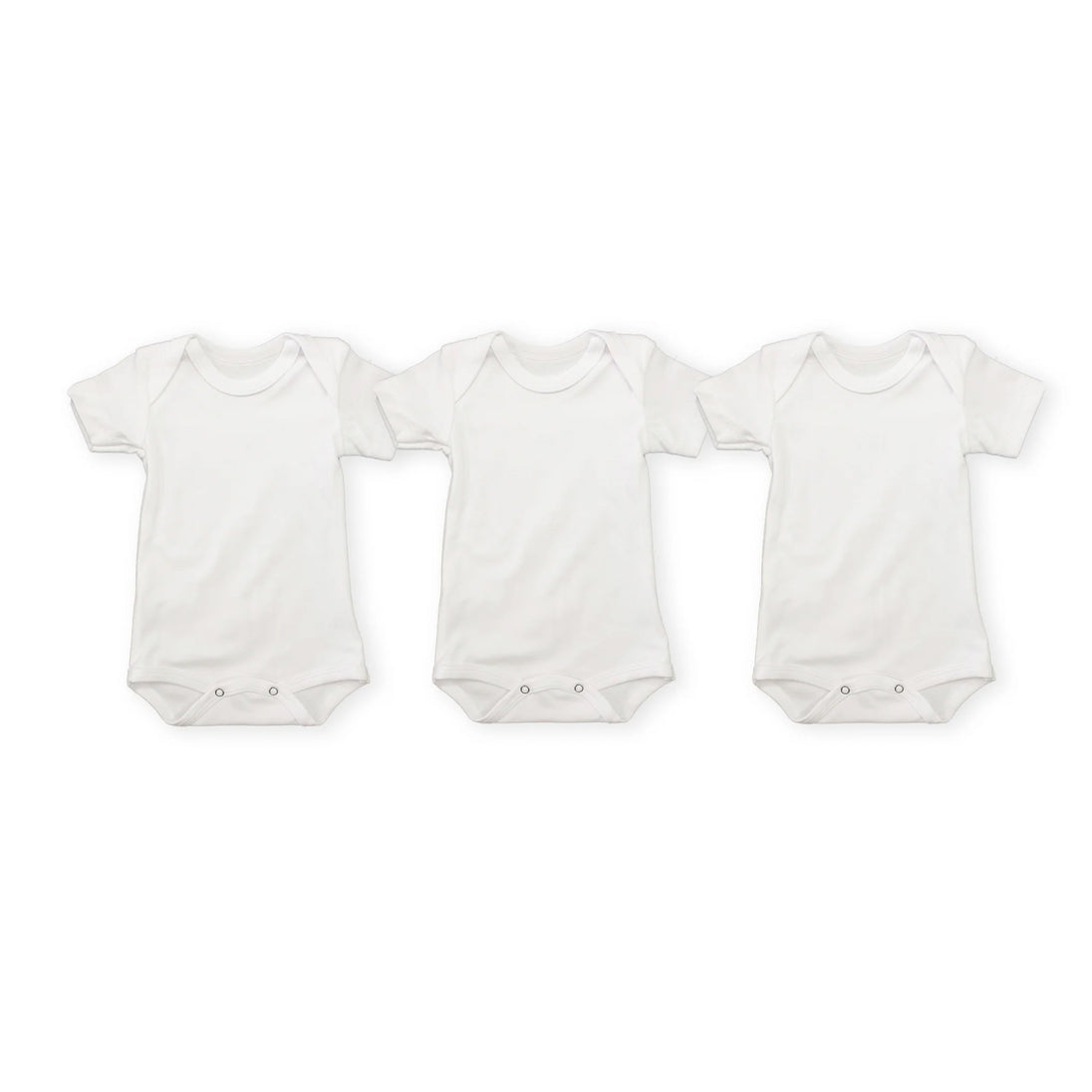 Three white BR Babyvest short sleeve cotton baby bodysuits with snap button closures