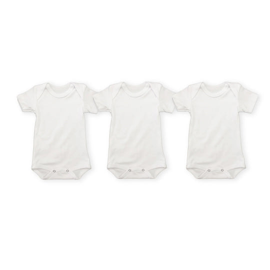 Three white BR Babyvest short sleeve cotton baby bodysuits with snap button closures