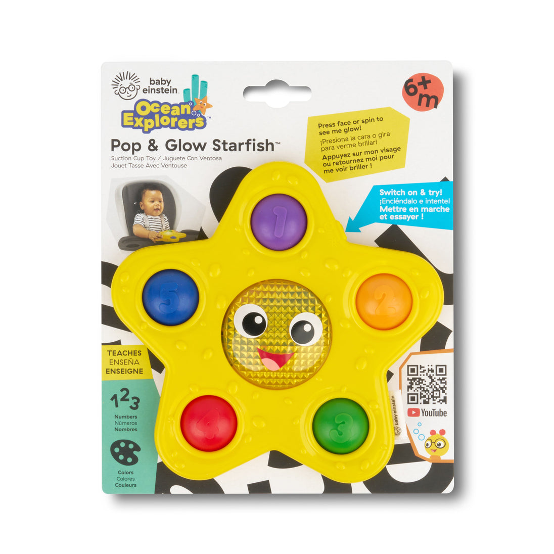 Baby Einstein Ocean Explorers yellow starfish sensory toy with colorful bubble poppers and glowing face for ages 6 months plus