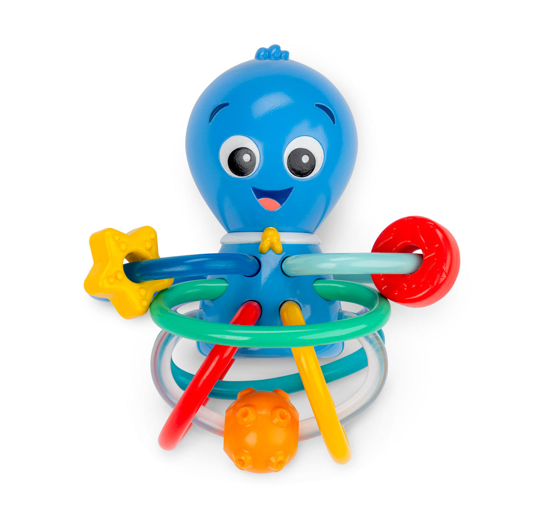 Baby Einstein Optus Shake teether toy and rattle with colorful rings and textured octopus design for infants.