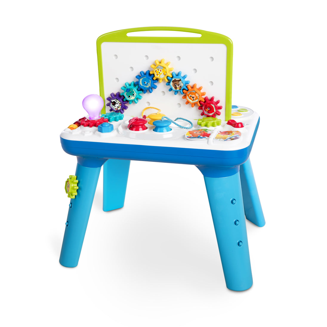 Baby Einstein Curiosity Table with removable legs, colorful spinning gears, light-up features, and interactive STEAM learning activities for infants.