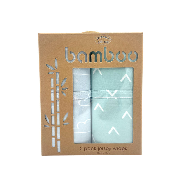 Two-pack bamboo jersey swaddle wraps for newborns in soft pastel colors, breathable and temperature-regulating, gift boxed.