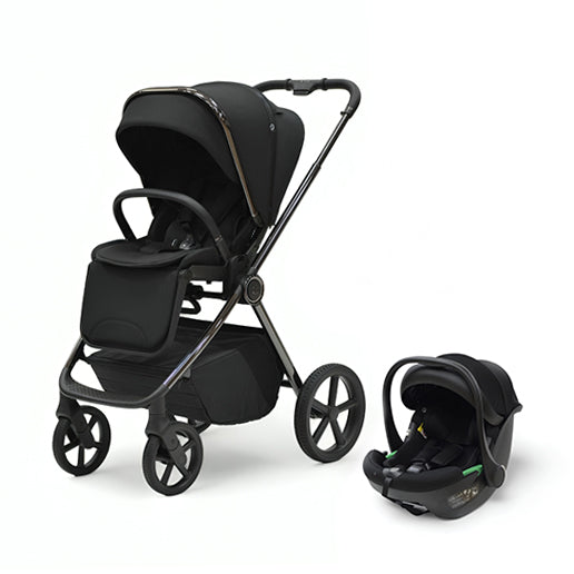 Bella III Black stroller and Tulip i-Size car seat travel system in black.