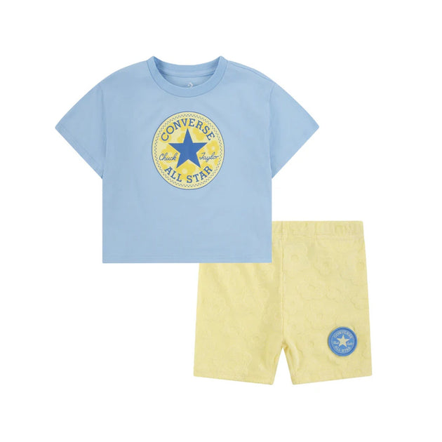CNVG Converse Chuck Patch Tee & Biker Shorts 2 Piece Set in soft "Like Butter" color, featuring iconic Chuck Taylor patch on both t-shirt and shorts.