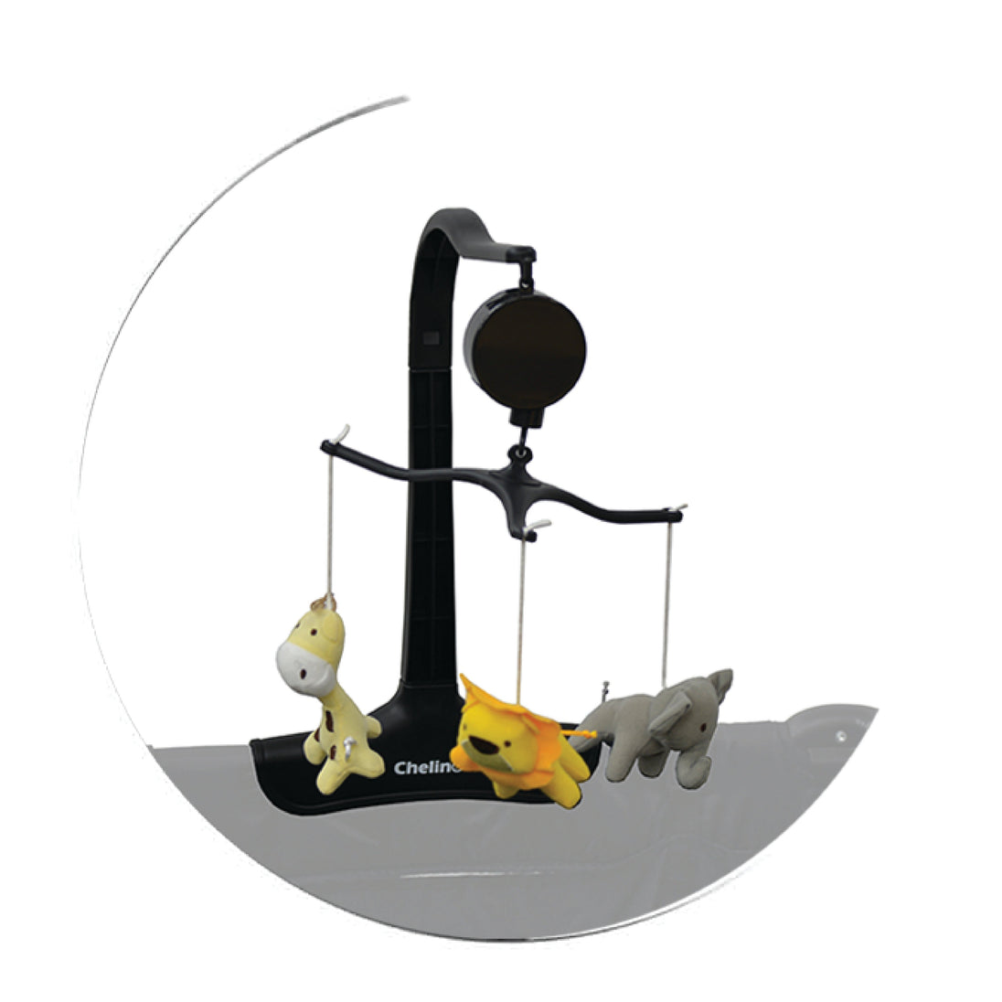 Grey camp cot musical mobile with rotating toys and universal compatibility.