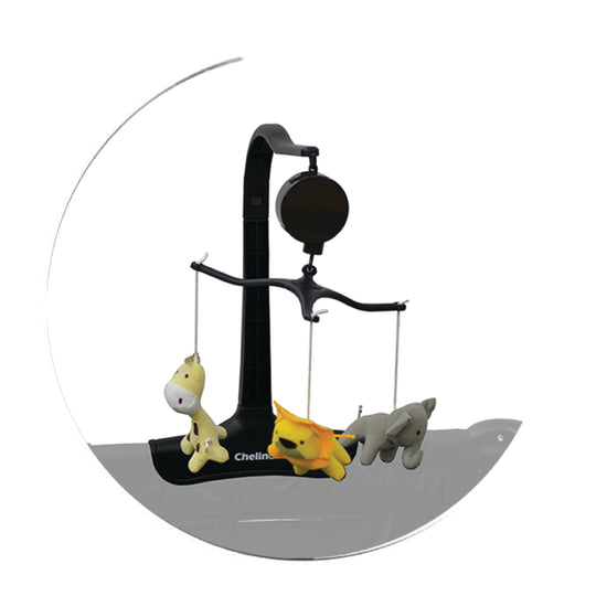 Grey camp cot musical mobile with rotating toys and universal compatibility.