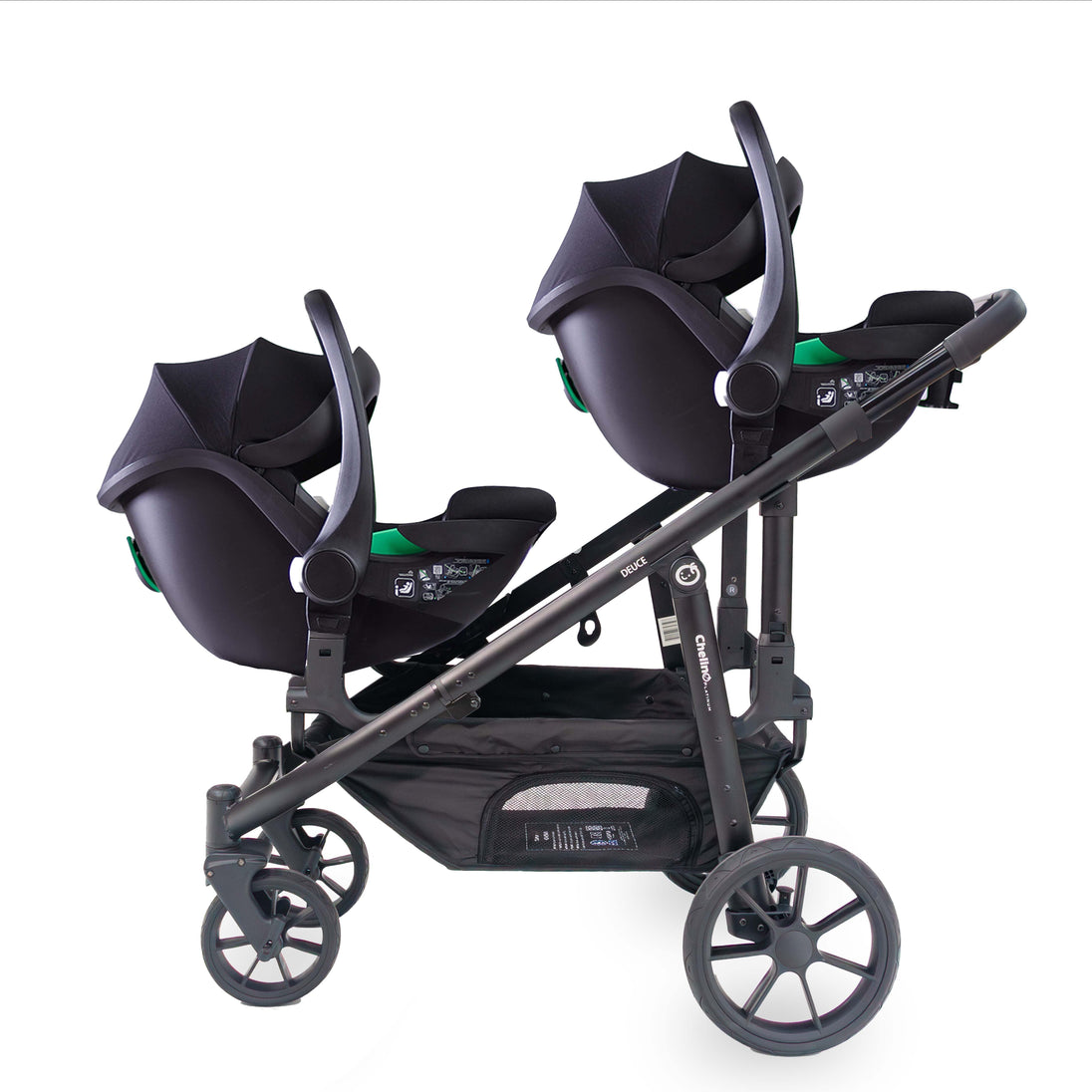 Deuce Twin Travel System with two Aton B2 i-Size car seats attached to stroller.