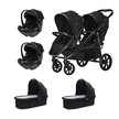 Deuce Twin 6 IN 1 Travel System with stroller, car seats, and carry cots for twins.