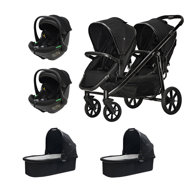Deuce Twin 6 IN 1 Travel System with stroller, car seats, and carry cots for twins.