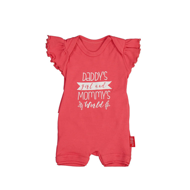 Coral Baby Republic Daddy's Girl short sleeve cotton onesie with ruffle sleeves and graphic text design for babies