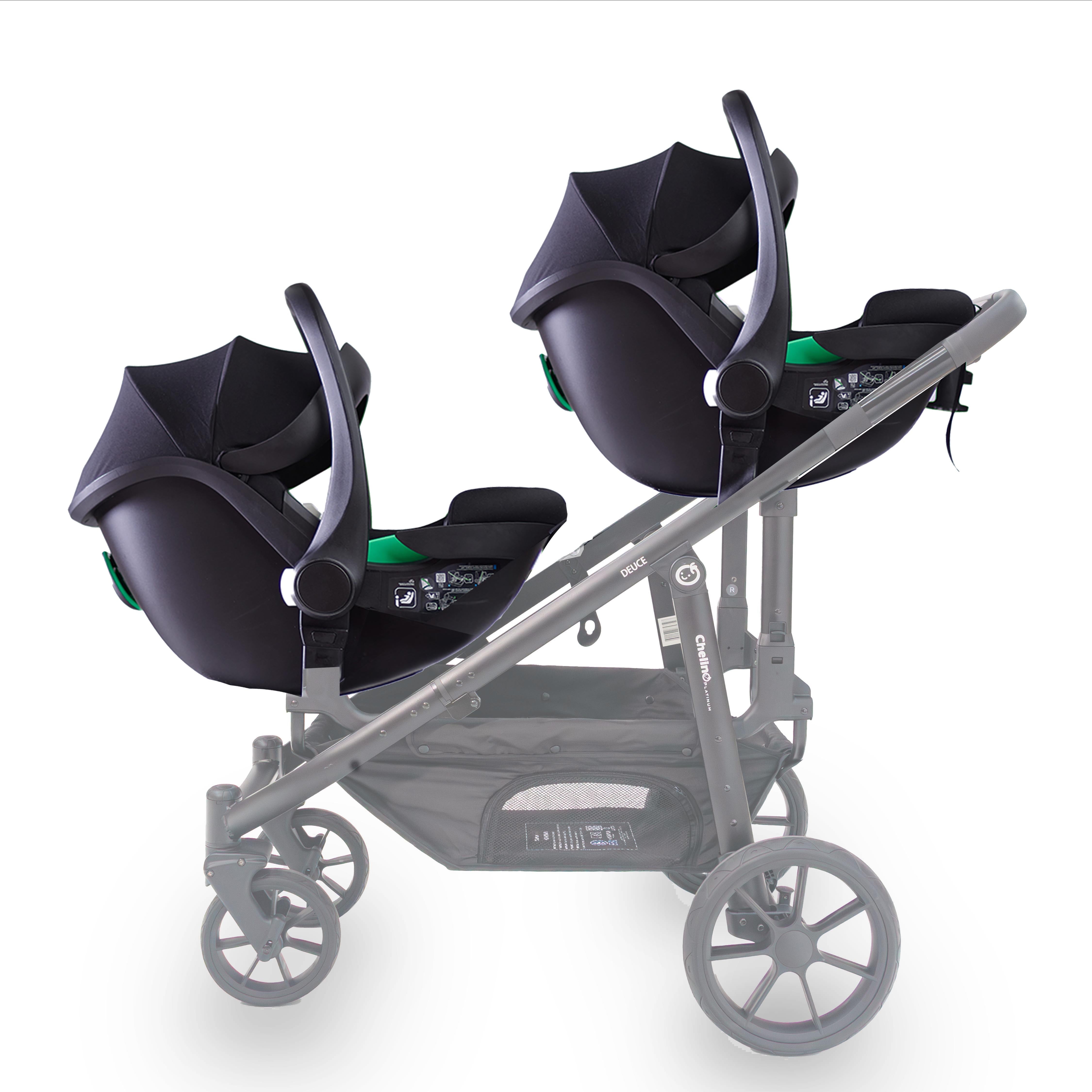 Deuce Twin Travel System with Aton B2 i-Size Car Seats, ideal for twins or siblings, featuring multi-configuration seats and safety harness.
