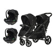 Deuce Twin Travel System with black double stroller and two rear-facing Tulip i-Size car seats for infants.