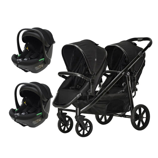 Deuce Twin Travel System with black double stroller and two rear-facing Tulip i-Size car seats for infants.