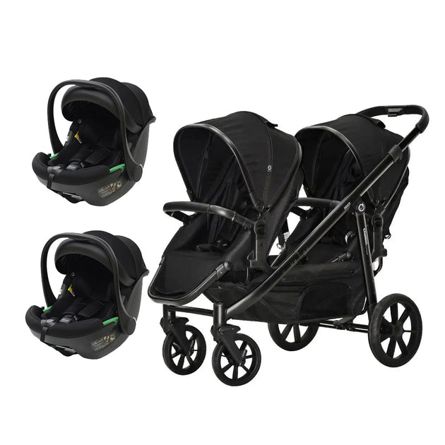 Deuce Twin Travel System with black double stroller and two rear-facing Tulip i-Size car seats for infants.