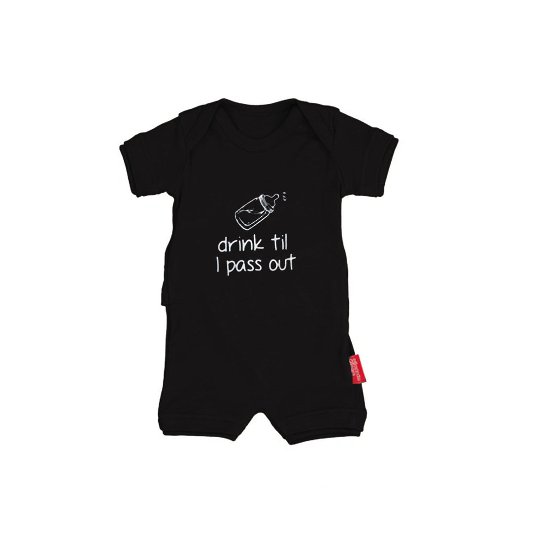 Black baby romper with "drink til I pass out" text and baby bottle graphic, Baby Republic Drink Til I Pass Out design.