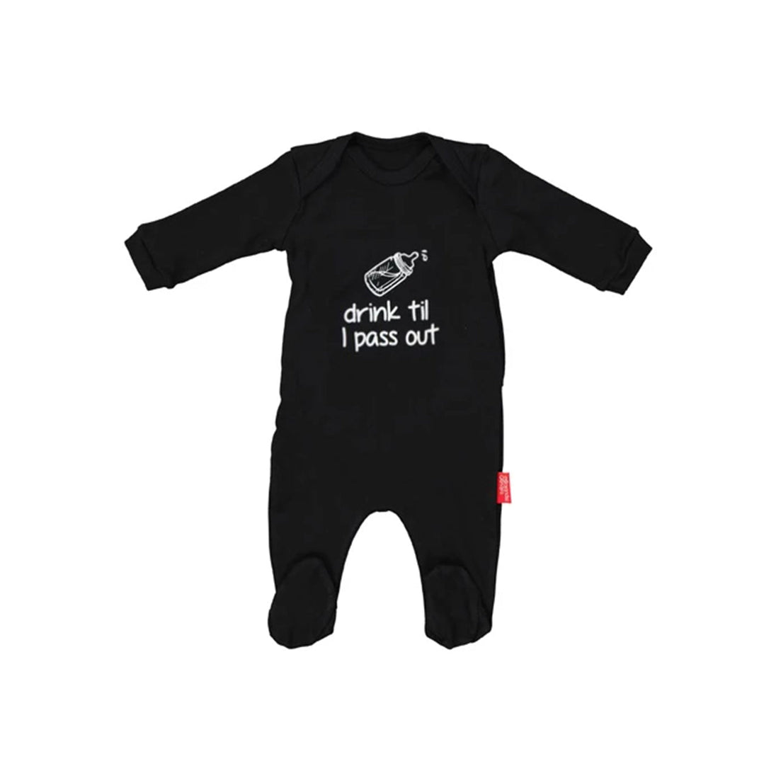 Black long-sleeve baby onesie with "drink til I pass out" text and milk bottle graphic by Baby Republic Drink