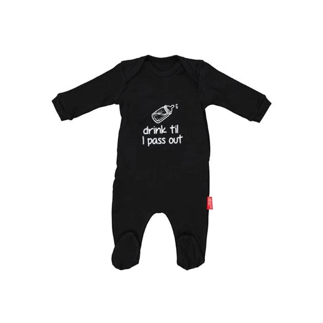 Black long-sleeve baby onesie with "drink til I pass out" text and milk bottle graphic by Baby Republic Drink