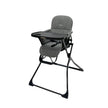 Dark grey easy fold high chair for children, sleek and space-saving design.