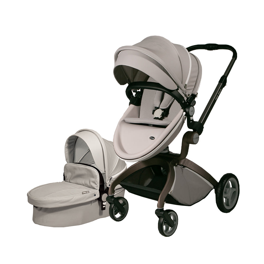 HotMom Cocoon Grey stroller with reversible seat and bassinette.