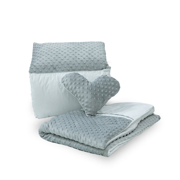 Grey and white Selina cot bedding set with quilt, bumper, and pillow for nursery.