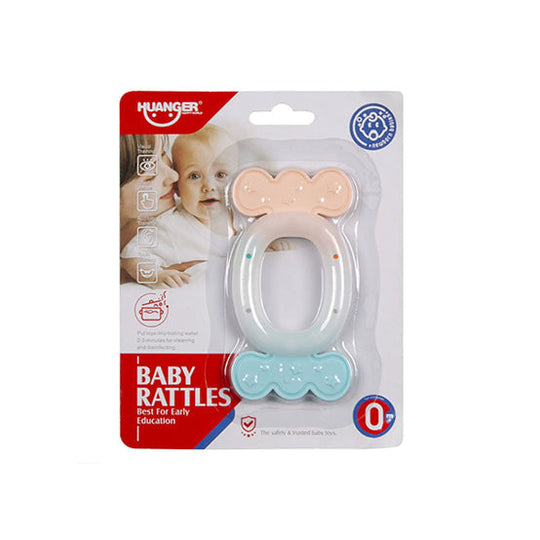 Blue and yellow baby teether rattle for newborns, promotes sensory and motor skills.