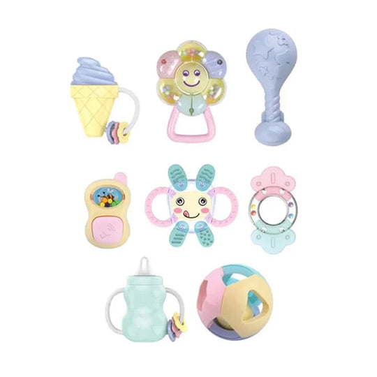 Baby teether rattles set in pastel colors, designed for newborns, featuring easy-to-grip pestle shapes and stimulating sensory development.
