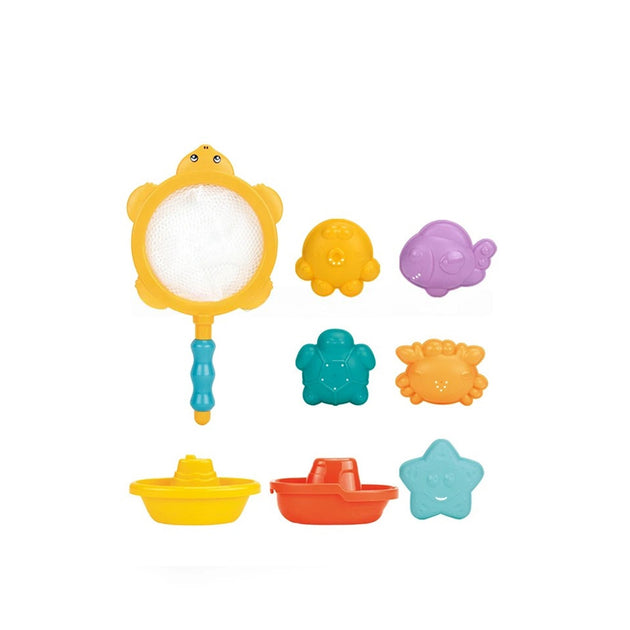 HE0265 Water Bath Toy Bag 8 Piece with colorful bath toys and mesh bag for toddlers.