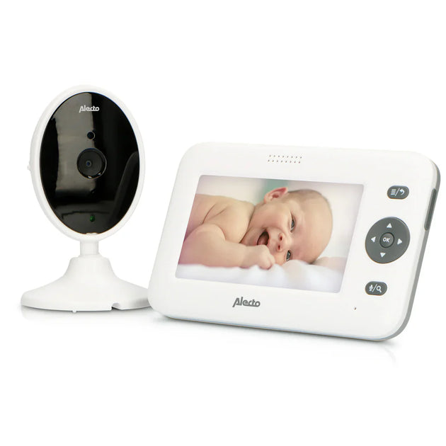 Alecto DVM-140 video baby monitor with 4.3-inch color display and camera showing a baby, white design