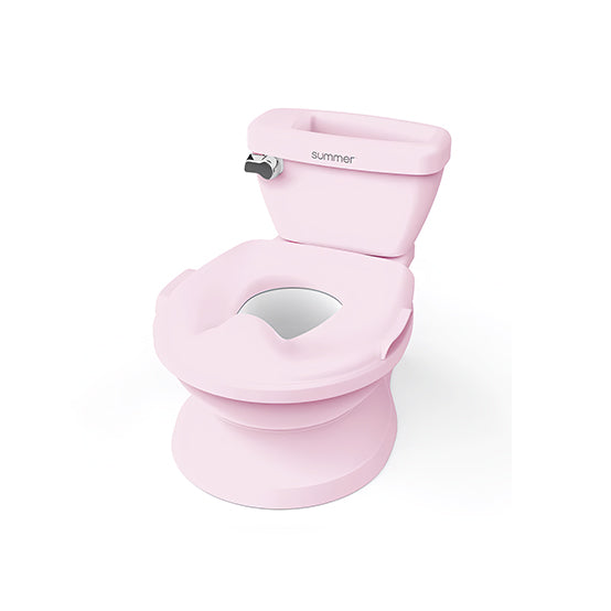 Pink toddler potty resembling adult toilet, ING My Size Potty Pro.