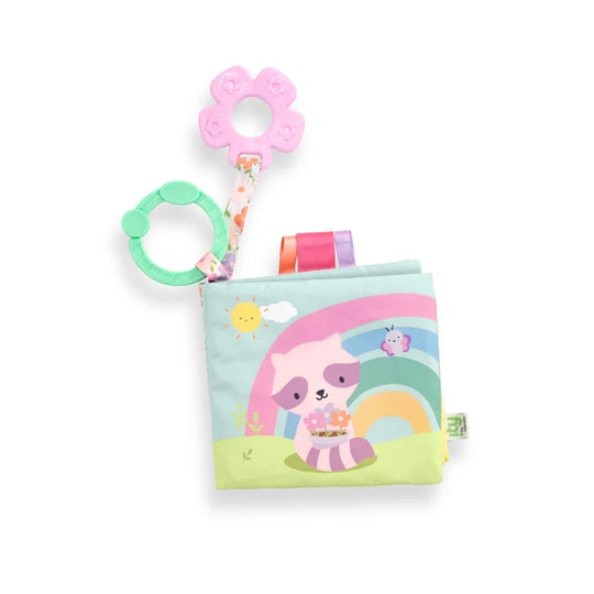 ING Soft Book Deni featuring plush raccoon design, crinkle textures, and satin ribbon tags for babies 0-36 months.