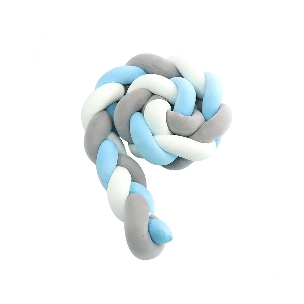 Three Knotted Cot Bumper White Grey Blue