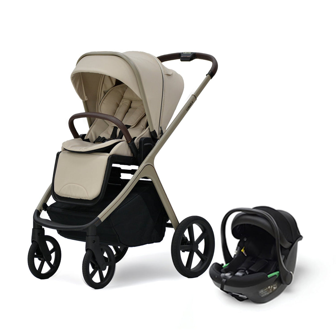 Beige Lunar II Travel System stroller with infant car seat, designed for comfort and versatility from 0 to 48 months, suitable for up to 22 kg children.