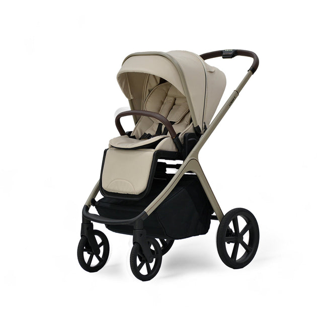 Beige Lunar II Stroller with sleek design, padded seat, and large wheels for smooth rides up to 22 kg.