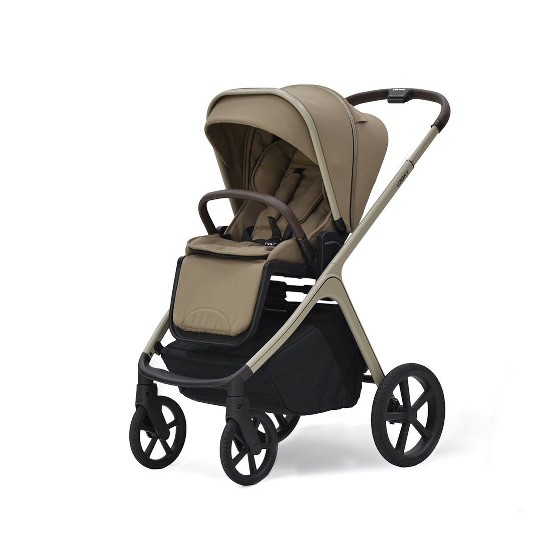 Lunar II Stroller Mocca color with padded seat, canopy, sturdy frame, and large wheels for smooth rides up to 22 kg.