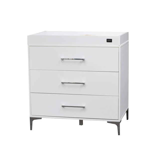 Milano Dresser with polished wood and white finish, featuring three spacious drawers and elegant design.