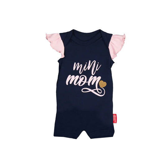 Navy Baby Republic Mini Mom onesie with pink frill sleeves and graphic text for babies