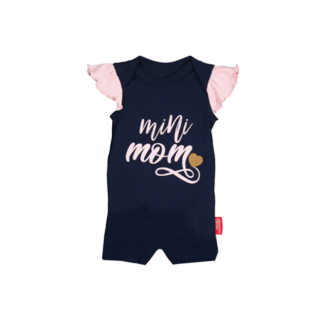 Navy Baby Republic Mini Mom onesie with pink frill sleeves and graphic text for babies