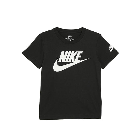 Black Nike NKB Futura t-shirt with white logo and ribbed crew neck for kids