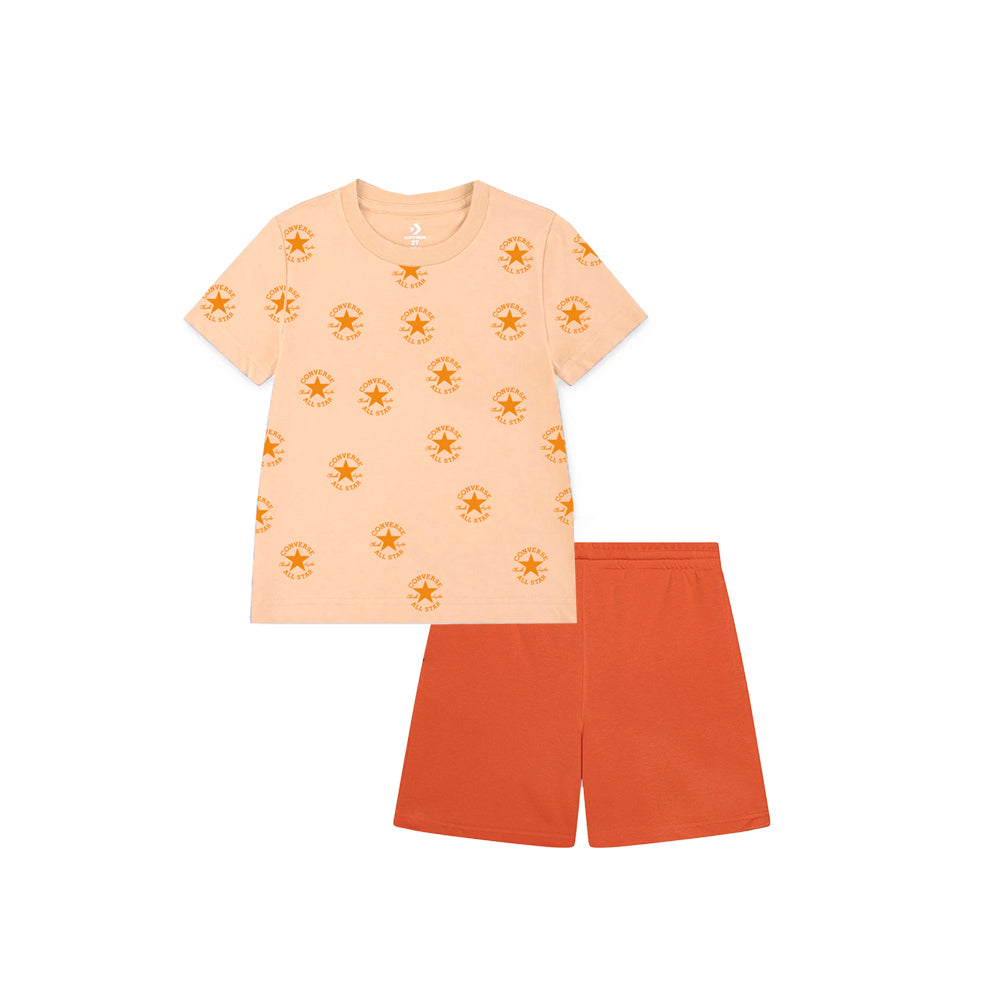 CNVG Converse Sustainable Core Pale Magma kids' set with tee and shorts in vibrant pale magma color.