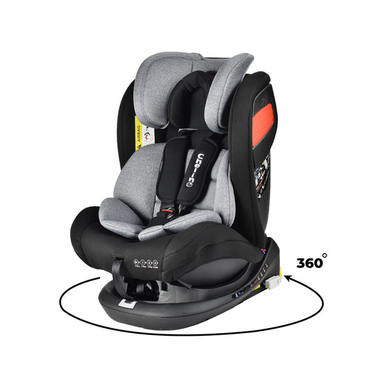 Pilot All Stages Isofix 360 Spin car seat in gray, suitable from birth to 12 years, with side protection and 4-position recline.