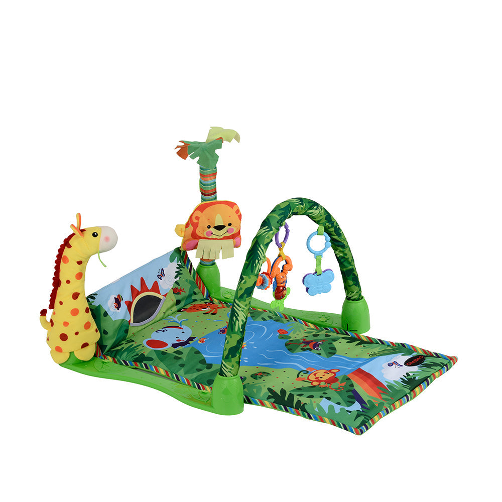CH9652 Jungle Safari Playmat with vibrant jungle theme, activity toys, removable toy bar, and sensory fabrics.
