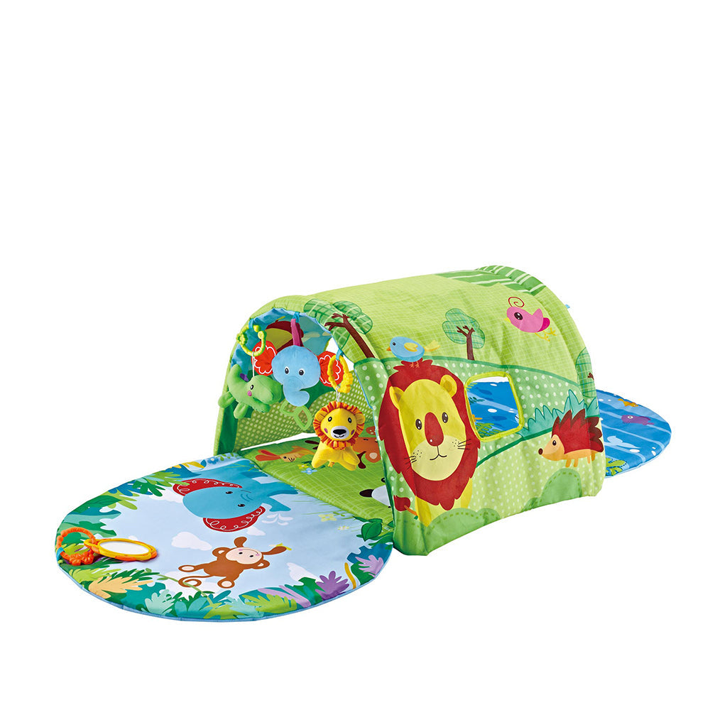 CH9671 Tunnel Playmat featuring colorful jungle safari theme with interactive toys.