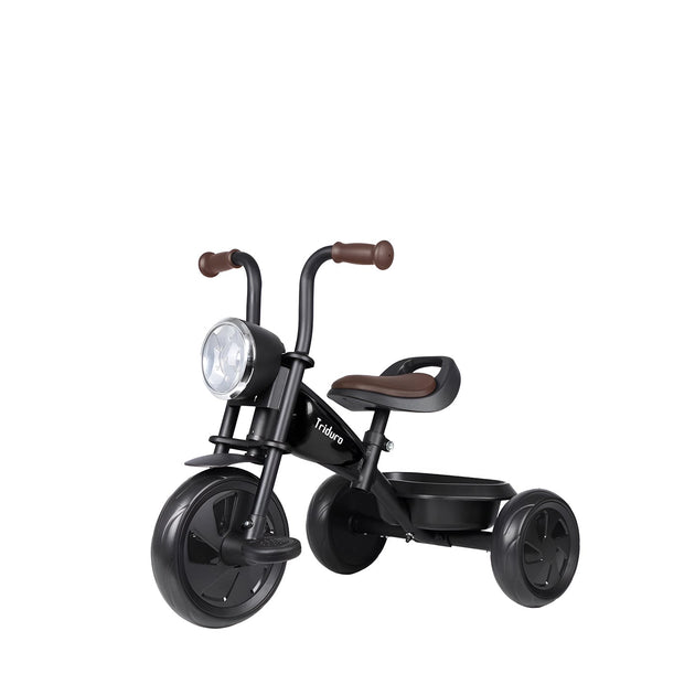 QPLAY Triduro Black tricycle with steel frame, LED headlight, and brown handlebars and seat for kids 2-6 years