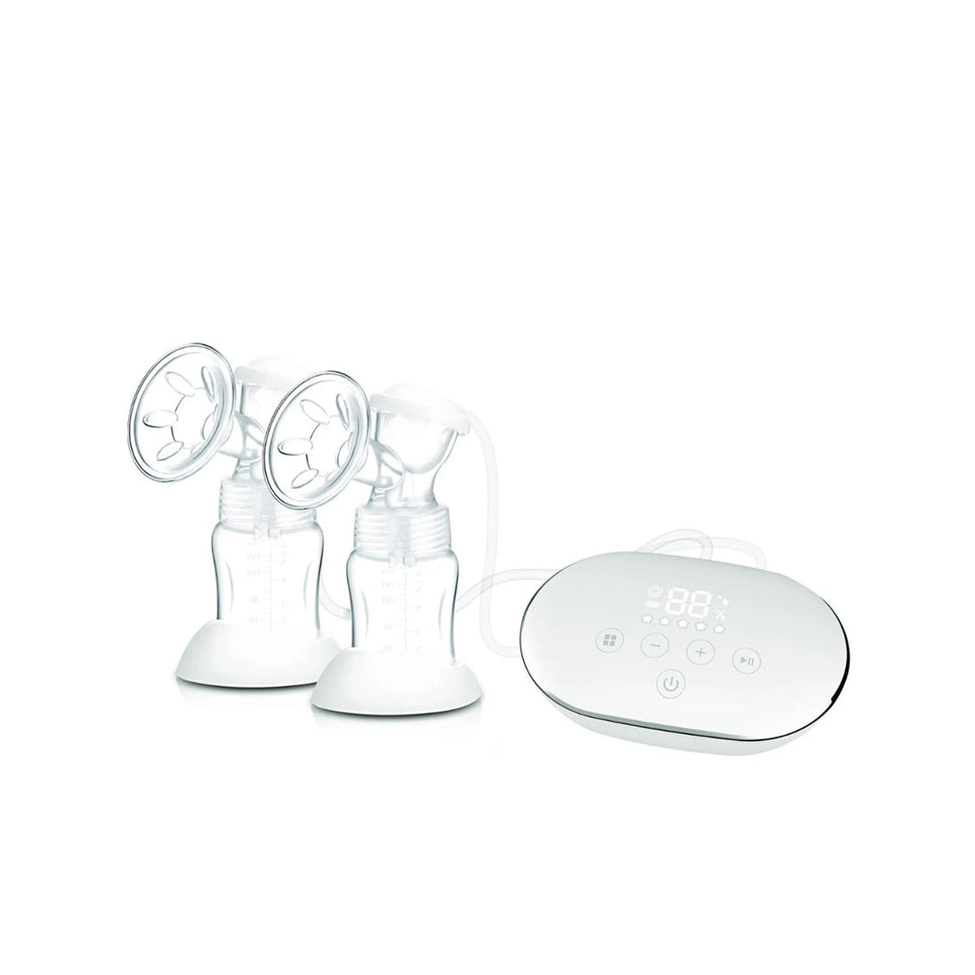 Snookums Double Electric Breast Pump with silicone cushions, adjustable suction, rechargeable battery, and LCD display for comfortable and efficient milk expression.