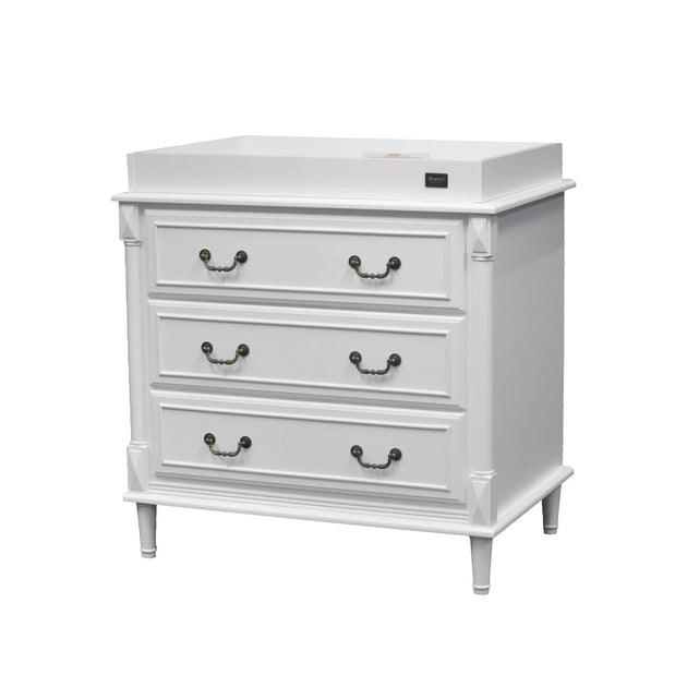 Sophie Dresser with three spacious drawers and vintage pulls, elegant white finish.