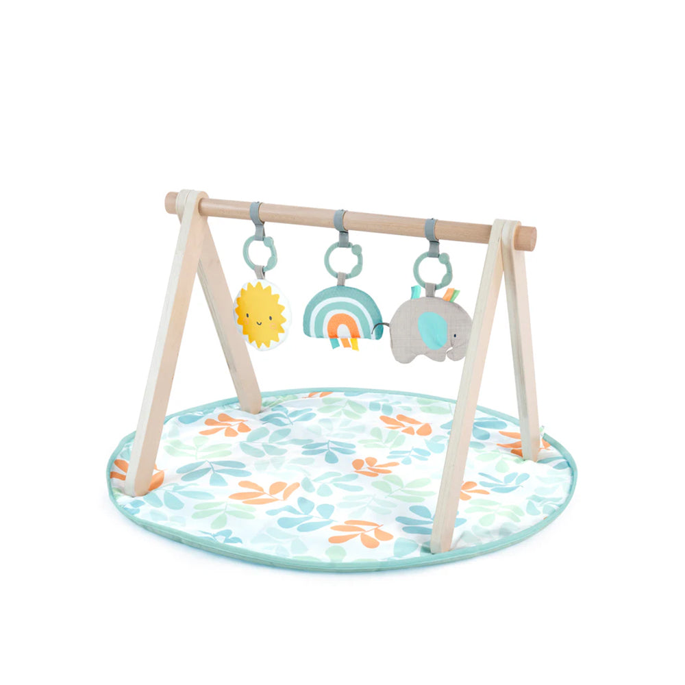 ING Sun Valley Wooden Toy Arch with foldable wooden frame, three hanging toys, and floral play mat for babies 0-36 months