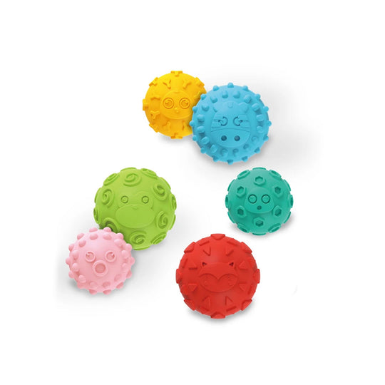 Colorful textured balls for toddlers include six soft, durable pieces to enhance motor skills and imaginative play.