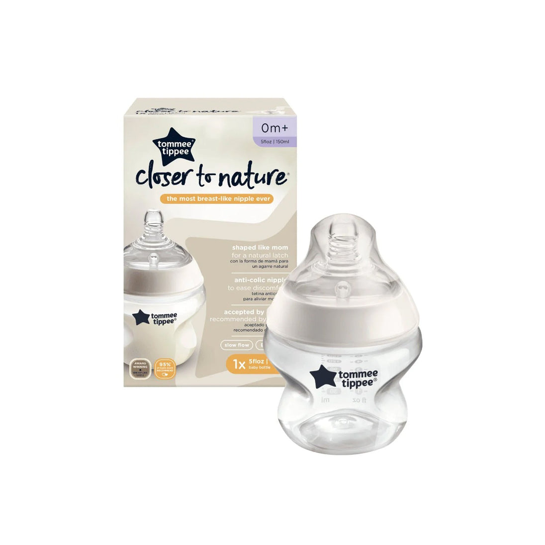 Tommee Tippee Closer to Nature 150ml clear self-sterilizing baby bottle with anti-colic silicone teat for newborns 0 months+